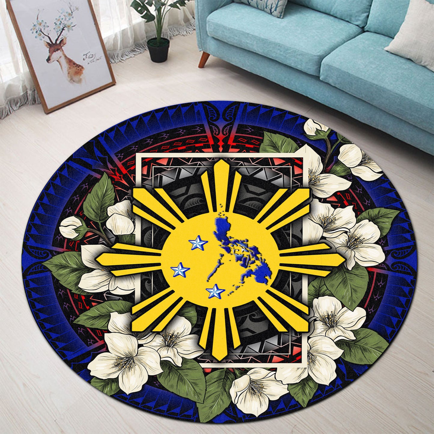 Philippines Filipino Round Rug Sun And Map Jasmine Flowers Vintage Style