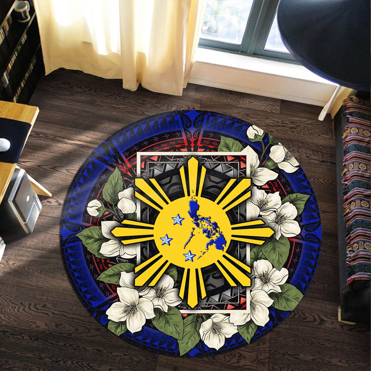 Philippines Filipino Round Rug Sun And Map Jasmine Flowers Vintage Style