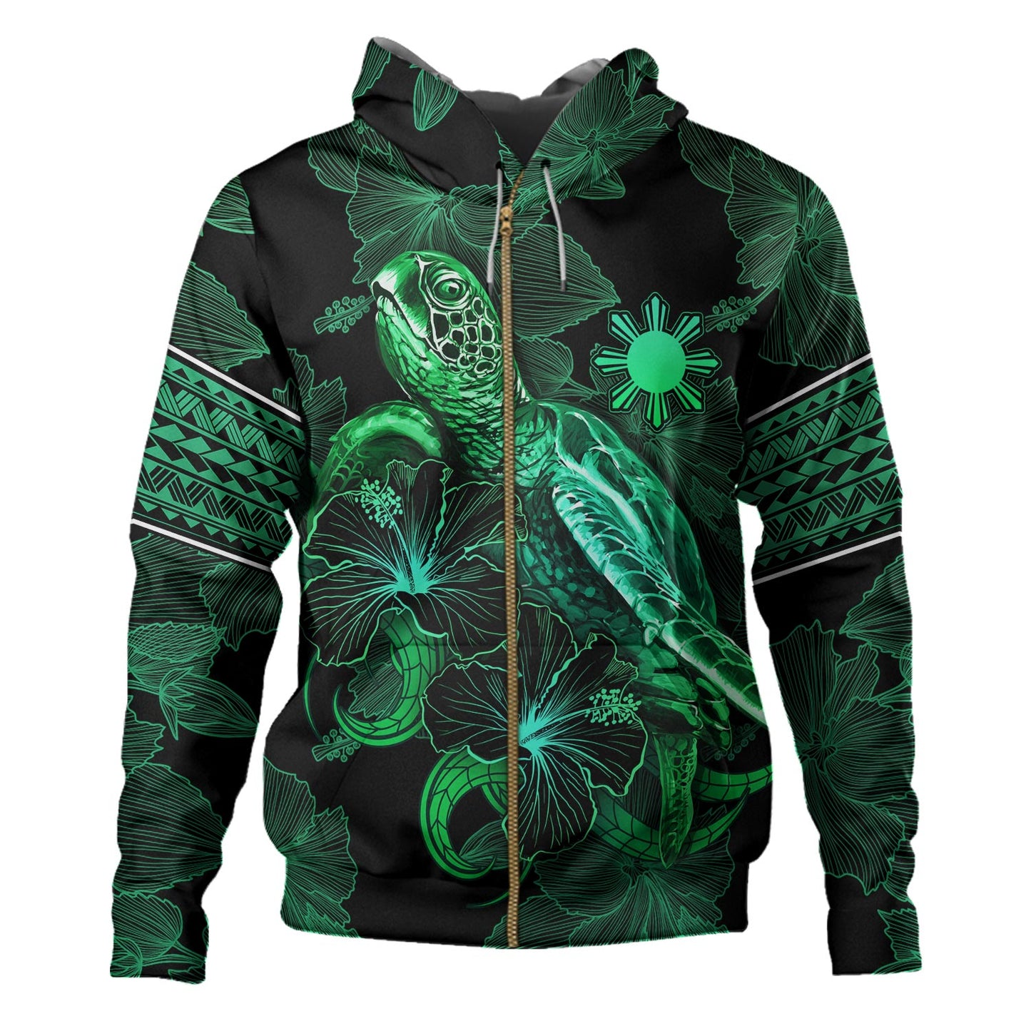 Philippines Filipinos Hoodie  Sea Turtle With Blooming Hibiscus Flowers Tribal Green