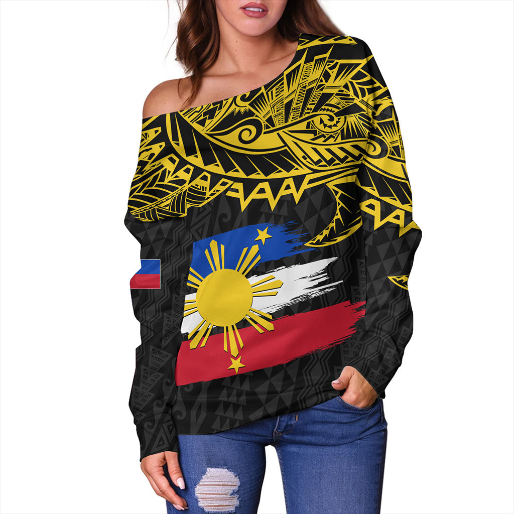 Philippines Filipinos Off Shoulder Sweatshirt Tribal Polynesian Grunge Flag