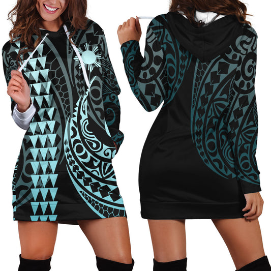 Philippines Filipinos Hoodie Dress Kakau Style Turquoise