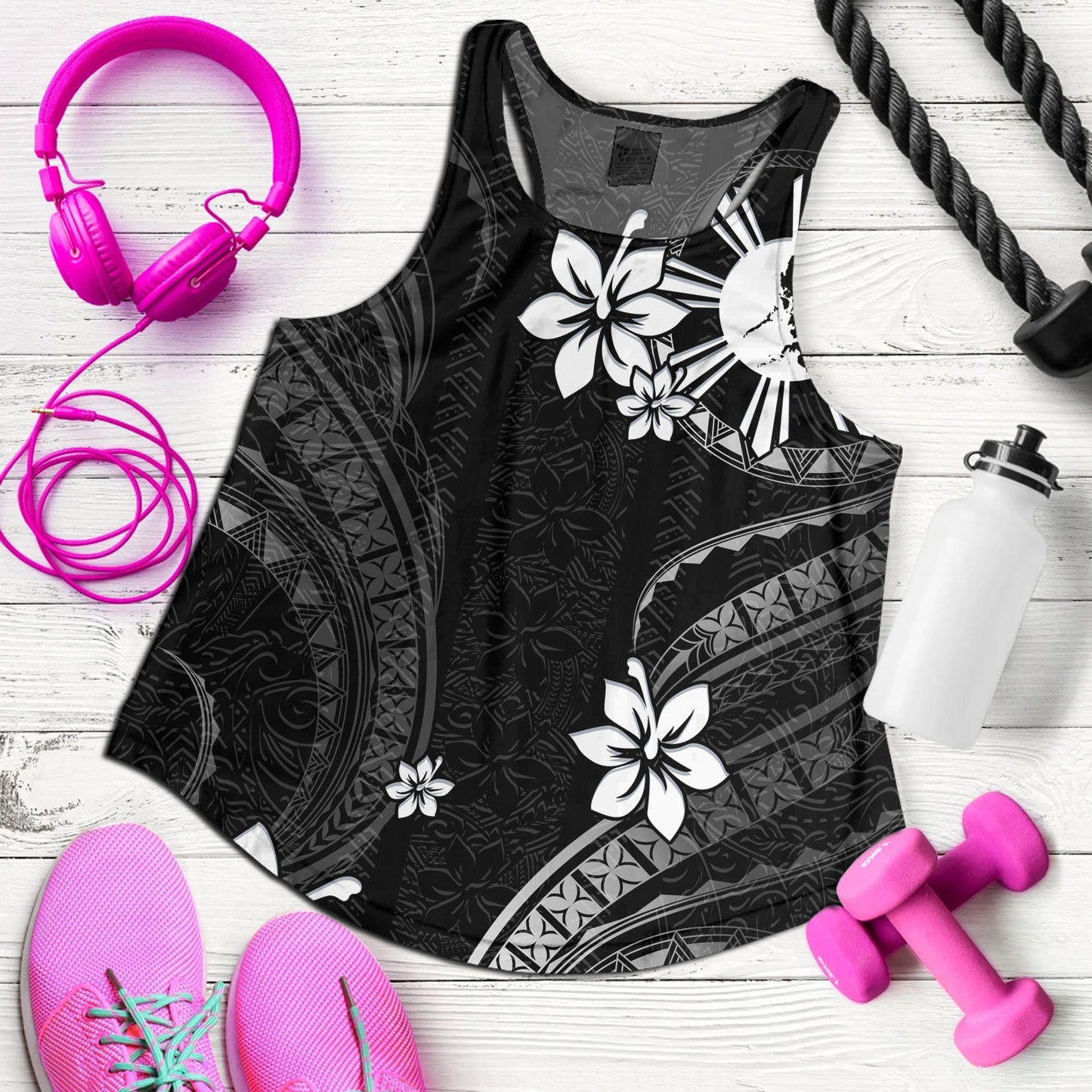 Philippines Filipinos Women Tank Philippines White Hibiscus Flowers Tribal Pattern