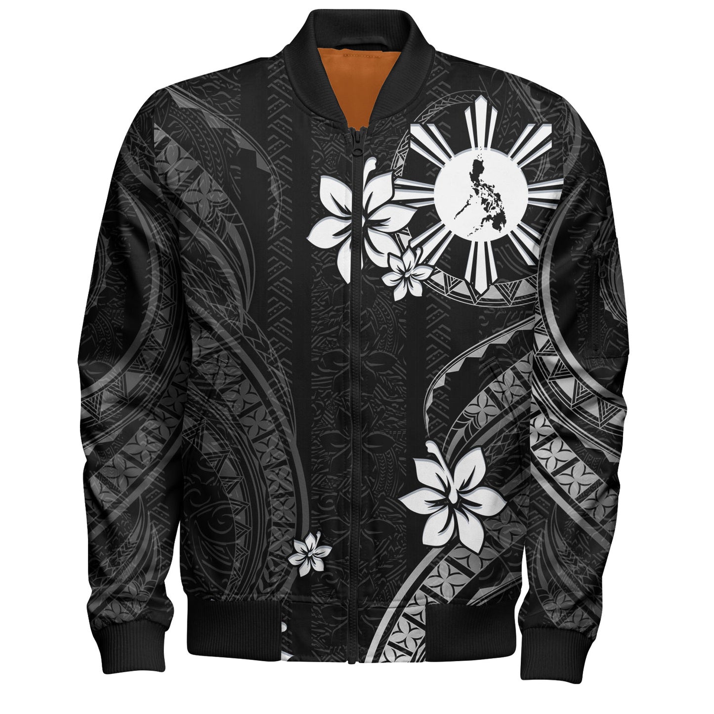 Philippines Filipinos Bomber Jacket Philippines White Hibiscus Flowers Tribal Pattern