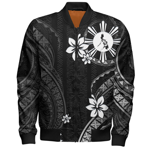 Philippines Filipinos Bomber Jacket Philippines White Hibiscus Flowers Tribal Pattern