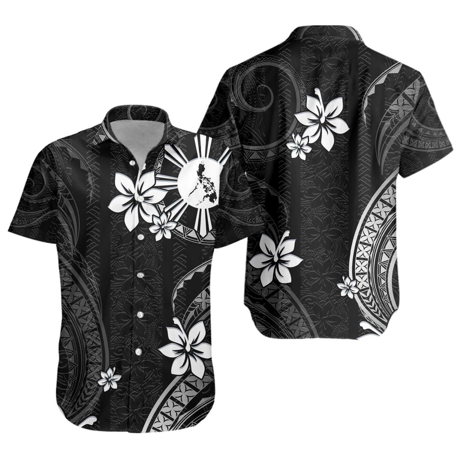 Philippines Filipinos Short Sleeve Shirt Philippines White Hibiscus Flowers Tribal Pattern