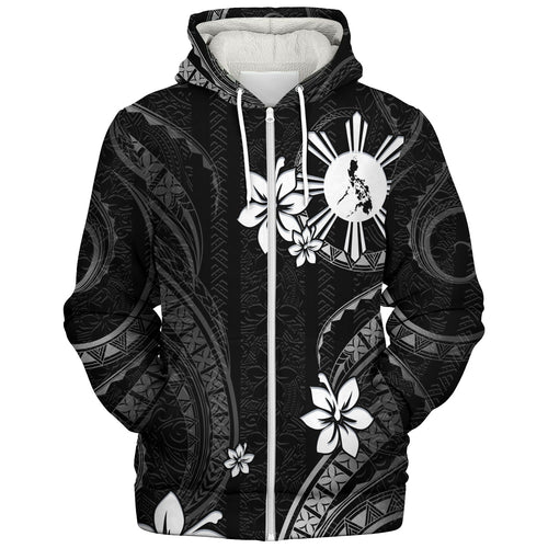 Philippines Filipinos Sherpa Hoodie Philippines White Hibiscus Flowers Tribal Pattern