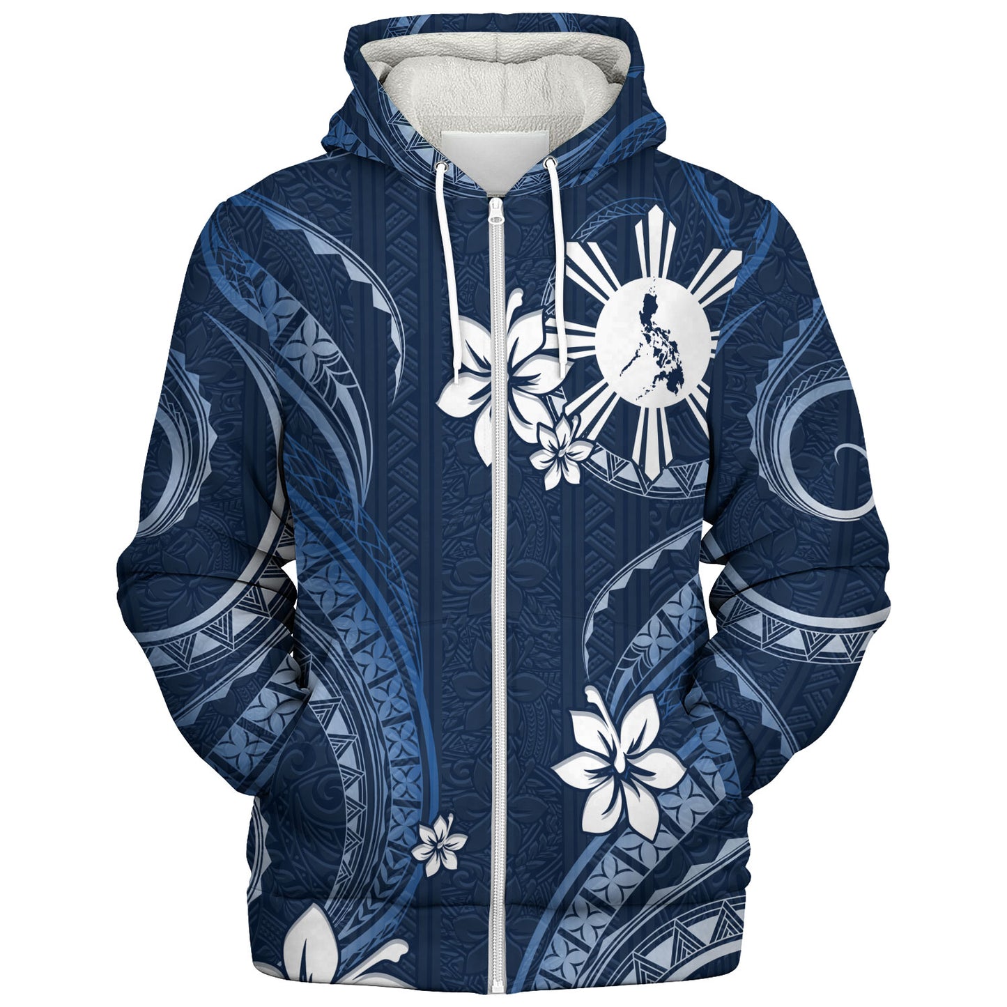 Philippines Filipinos Sherpa Hoodie Philippines White Hibiscus Flowers Tribal Pattern