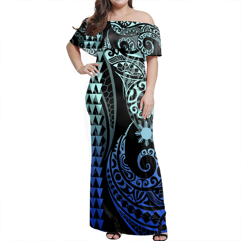 Philippines Filipinos Combo Dress And Shirt Kakau Style Gradient Blue