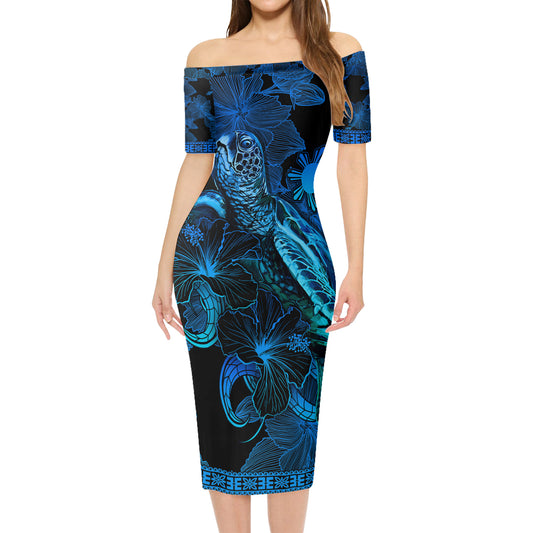 Philippines Filipinos Short Sleeve Off The Shoulder Lady Dress Sea Turtle With Blooming Hibiscus Flowers Tribal Blue