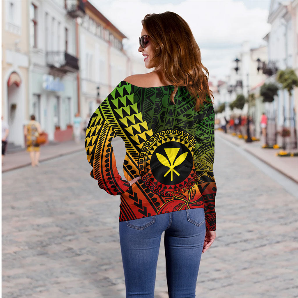 Hawaii Off Shoulder Sweatshirt Polynesian Style With Coat Of Arms And Map