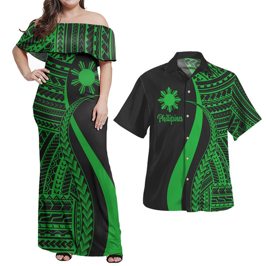 Philippines Combo Dress And Shirt - Polynesian Tentacle Tribal Pattern Green