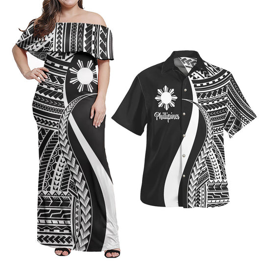 Philippines Combo Dress And Shirt - Polynesian Tentacle Tribal Pattern White