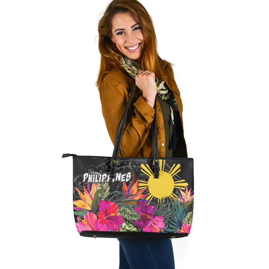 Philippines Custom Personalised Leather Tote Polynesian Hibiscus Pattern