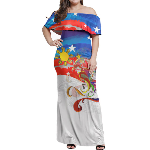 Philippines Filipino Sarimanok Maranao With Filipino Flag Design Women Off Shoulder Long Dress