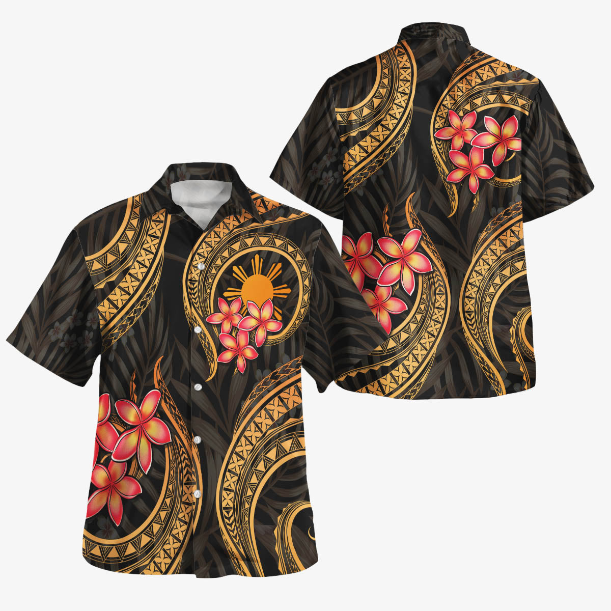 Philippines Polynesian Pattern Combo Dress And Shirt Gold Plumeria