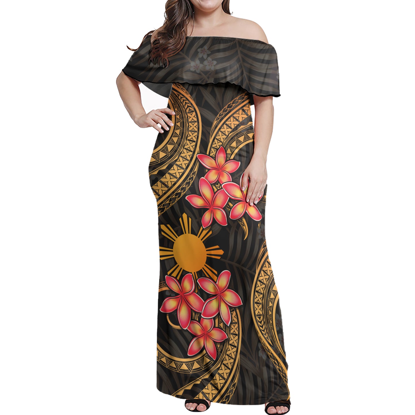 Philippines Polynesian Pattern Combo Dress And Shirt Gold Plumeria