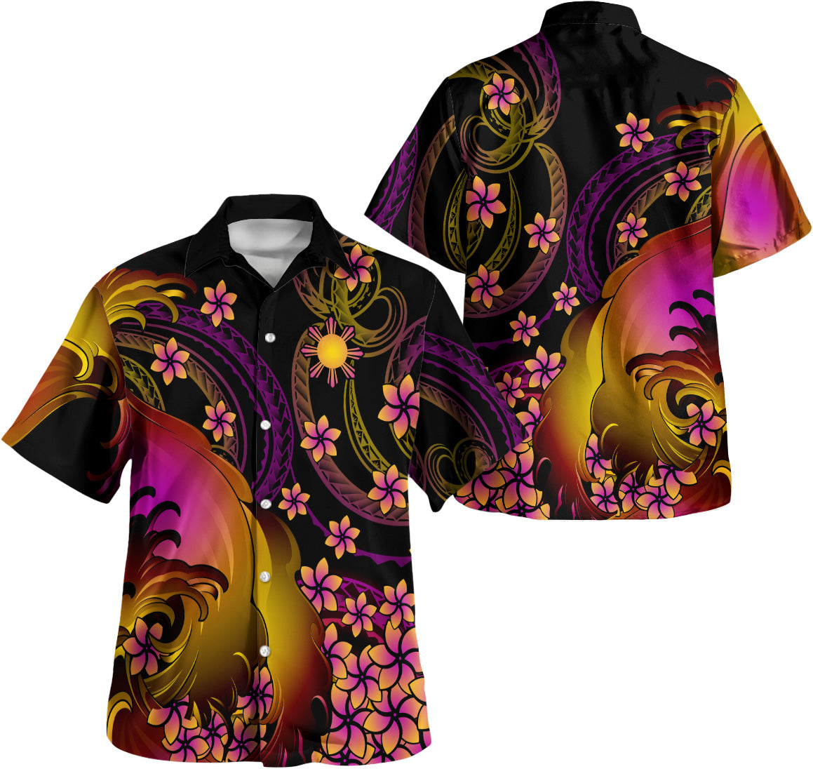 Philippines Polynesian Pattern Combo Dress And Shirt Plumeria In Wave