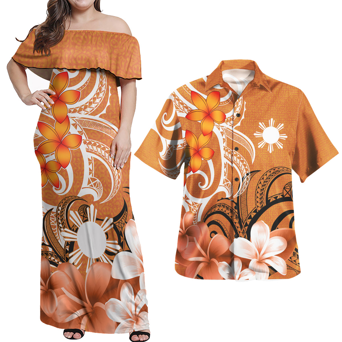 Philippines Polynesian Pattern Combo Dress And Shirt - Floral Spirit Orange