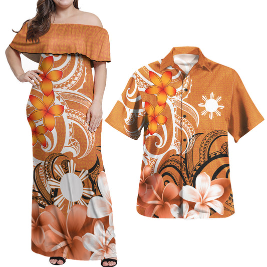 Philippines Polynesian Pattern Combo Dress And Shirt - Floral Spirit Orange