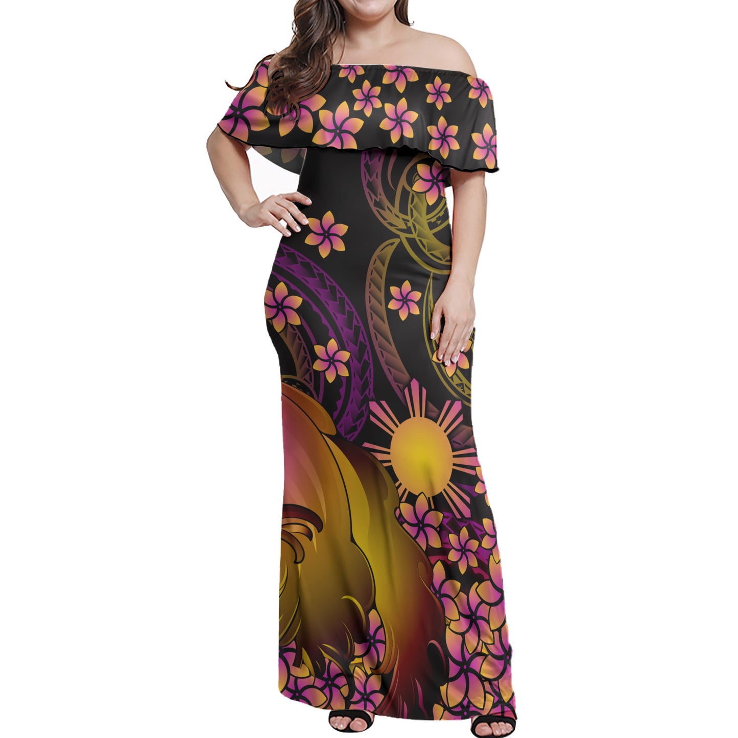 Philippines Polynesian Pattern Combo Dress And Shirt Plumeria In Wave