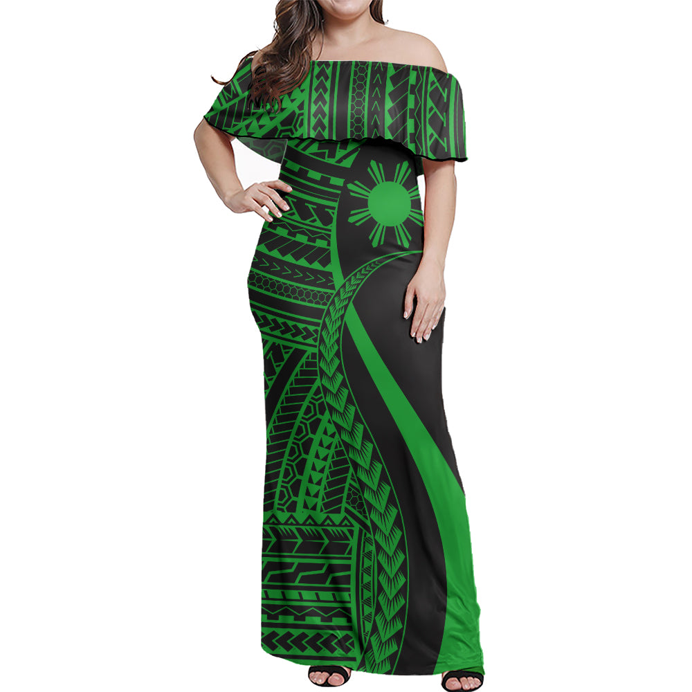Philippines Combo Dress And Shirt - Polynesian Tentacle Tribal Pattern Green