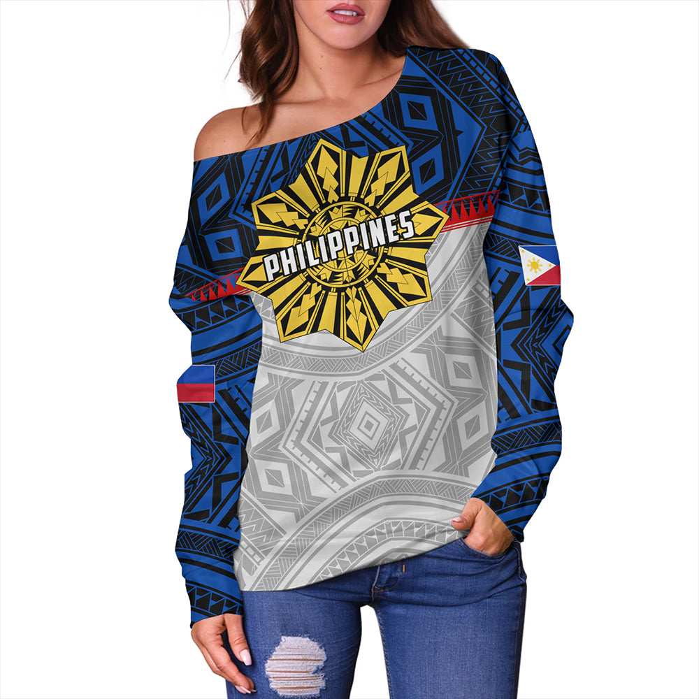 Philippines Off Shoulder Sweatshirt Filipino Tribal Sun Flag