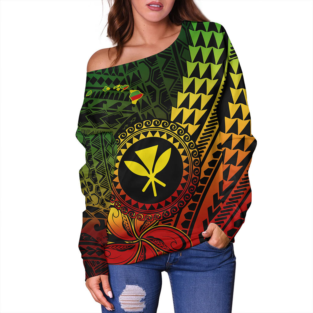 Hawaii Off Shoulder Sweatshirt Polynesian Style With Coat Of Arms And Map