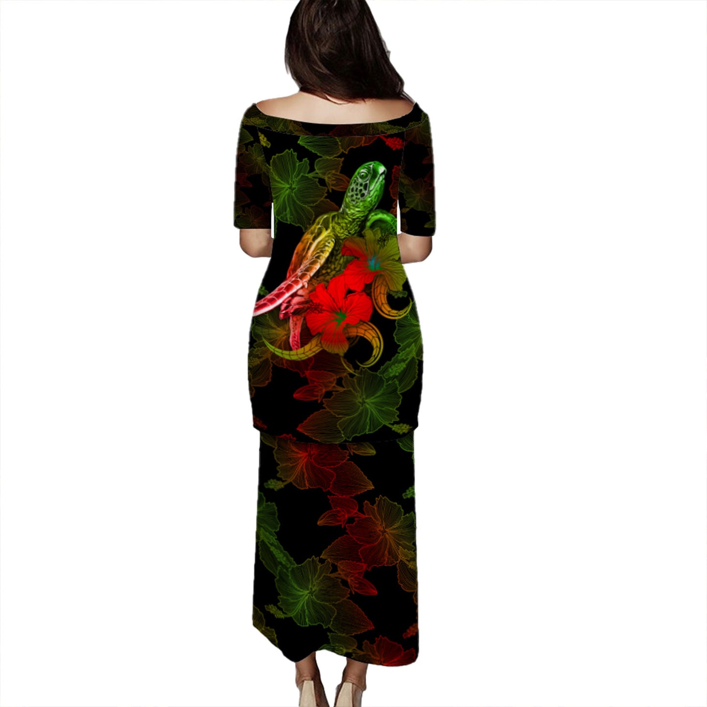 Hawaii Puletasi - Sea Turtle With Blooming Hibiscus Flowers Reggae