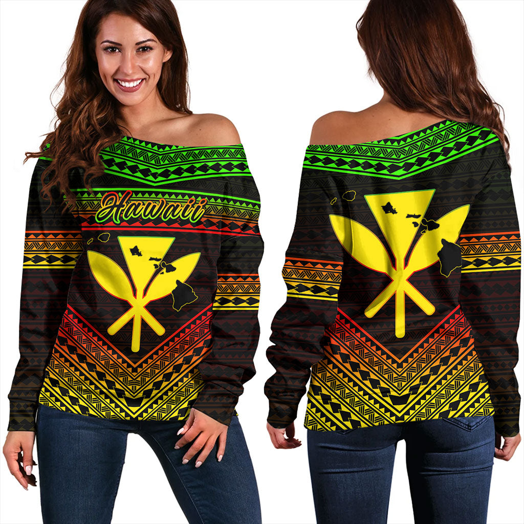 Hawaii Off Shoulder Sweatshirt Polynesian Pattern With Map And Coat Of Arms