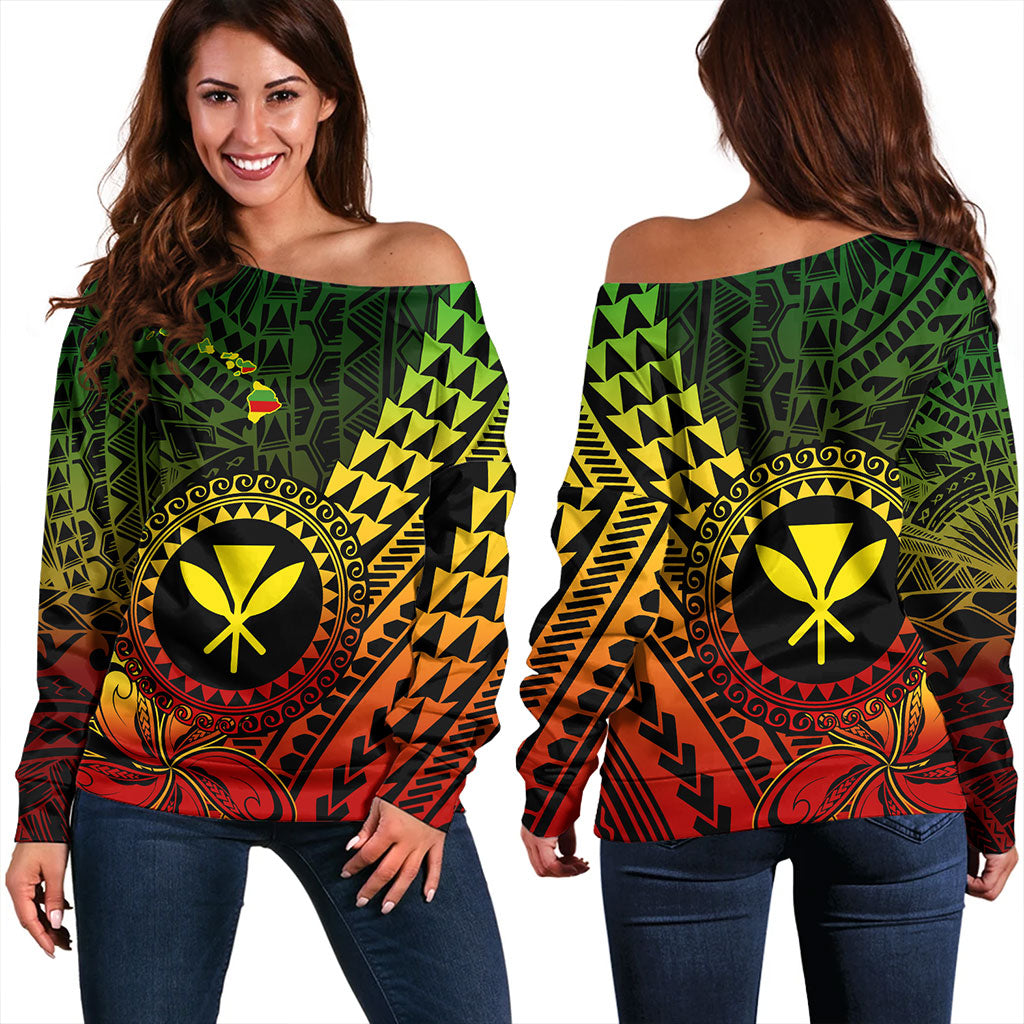 Hawaii Off Shoulder Sweatshirt Polynesian Style With Coat Of Arms And Map
