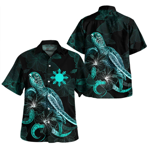 The Philippines Short Sleeve Shirt - Custom Philippines Coat Of Arms With Turtle Blooming Hibiscus Turquoise