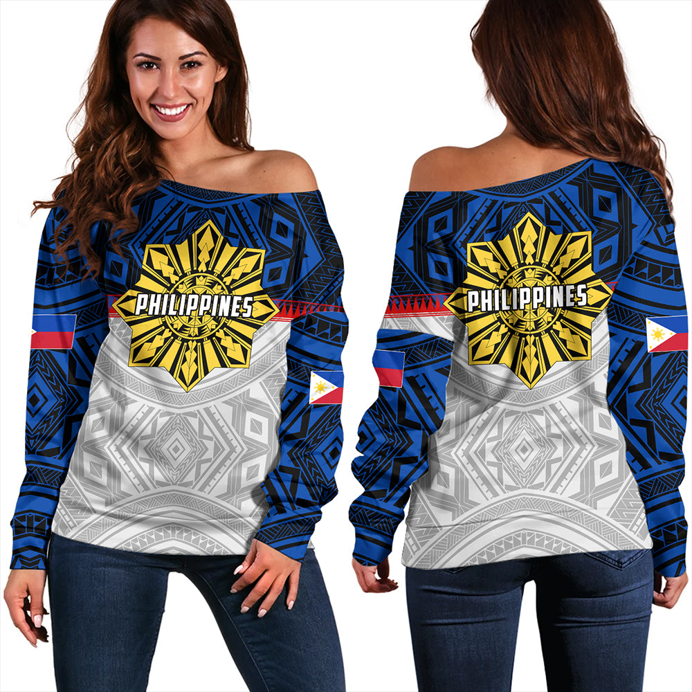 Philippines Off Shoulder Sweatshirt Filipino Tribal Sun Flag