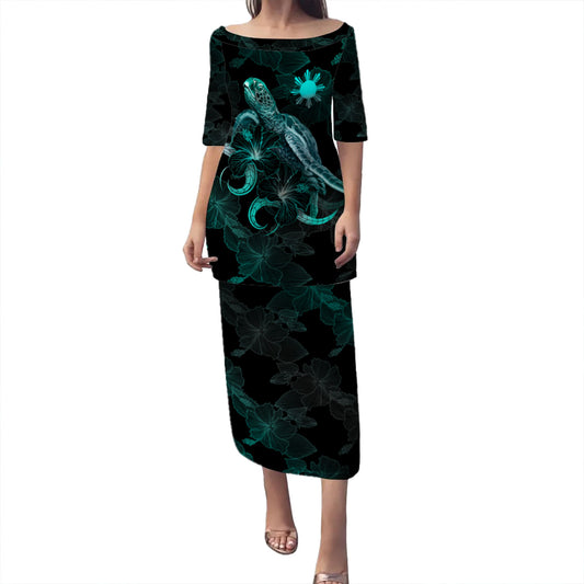 Philippines Filipinos Puletasi - Sea Turtle With Blooming Hibiscus Flowers Turquoise