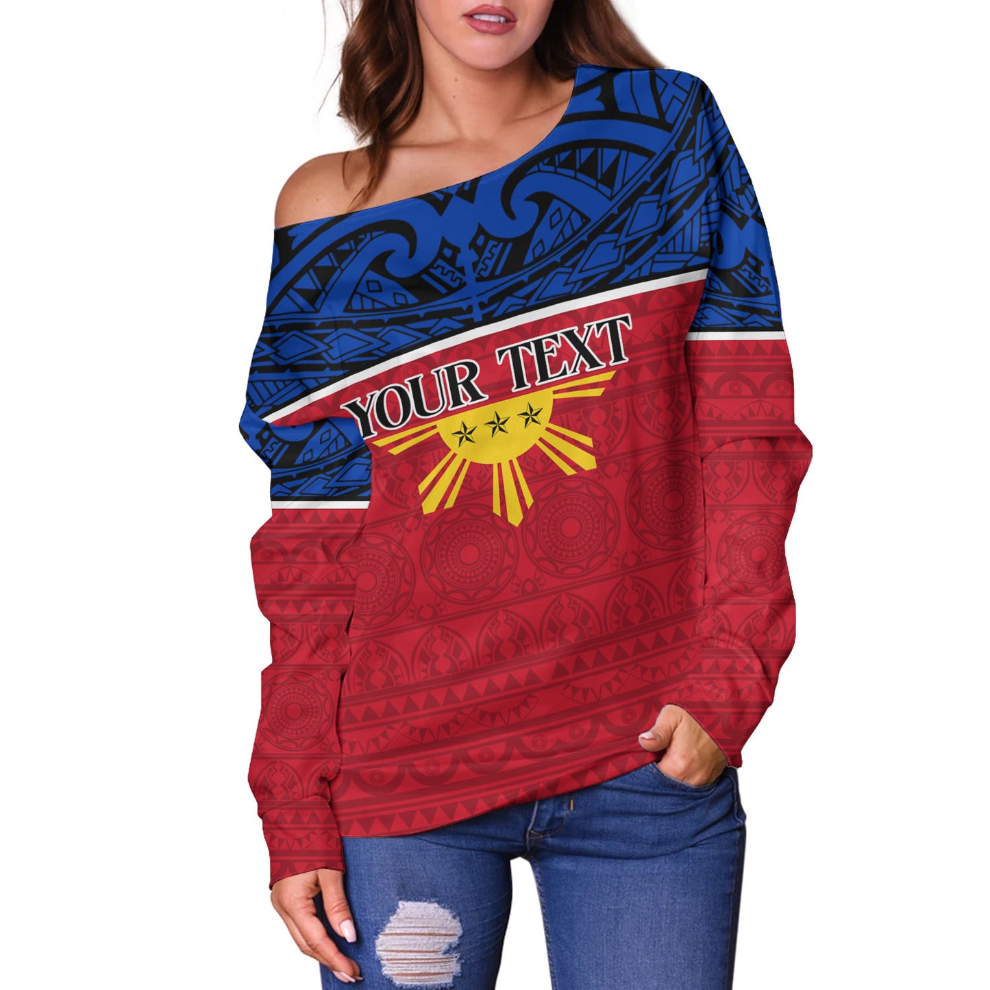 Philippines Filipinos Custom Personalised Off Shoulder Sweatshirt Coat Of Arms Tribal Patterns Style