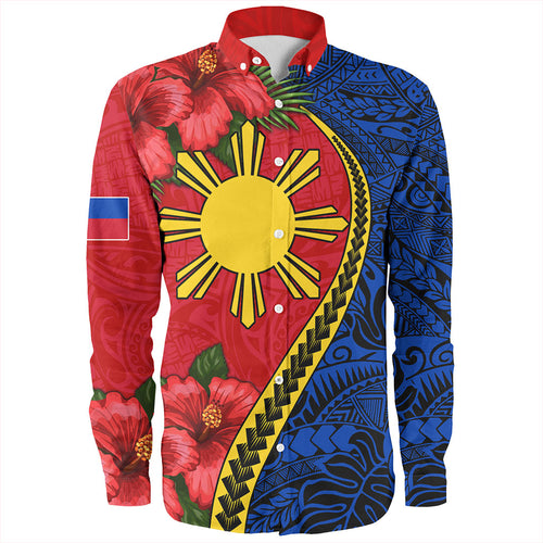 Philippines Filipinos Long Sleeve Shirt Tribal Polynesian With Hibiscus Flower