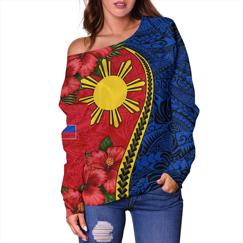 Philippines Filipinos Off Shoulder Sweatshirt Tribal Polynesian With Hibiscus Flower