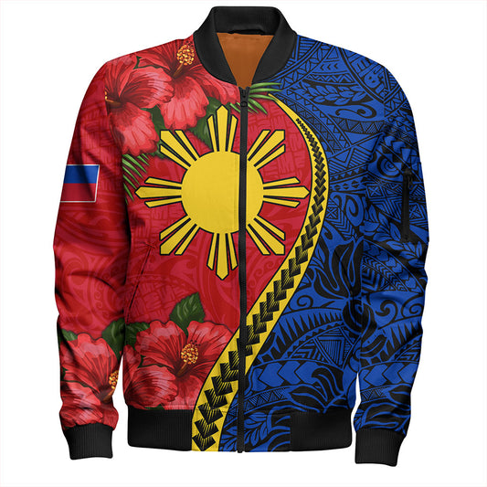 Philippines Filipinos Bomber Jacket Tribal Polynesian With Hibiscus Flower