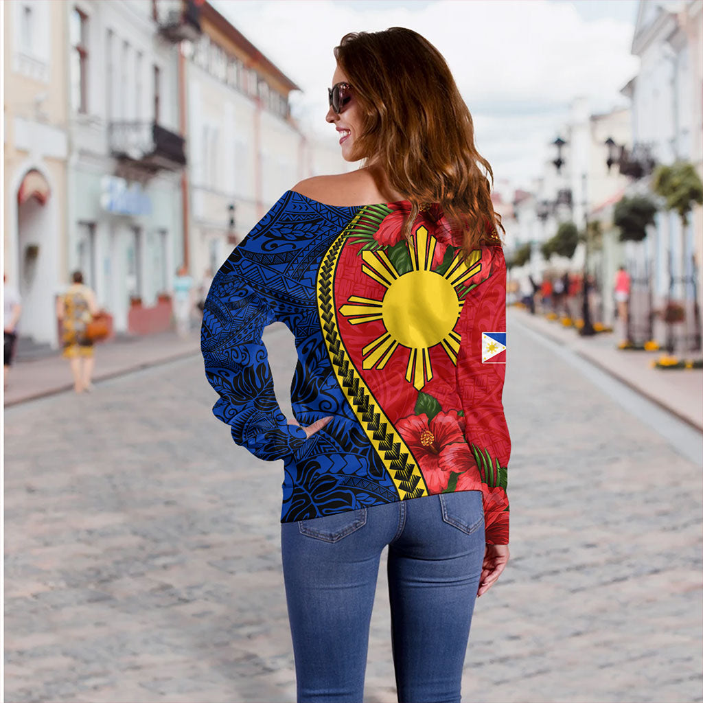 Philippines Filipinos Off Shoulder Sweatshirt Tribal Polynesian With Hibiscus Flower