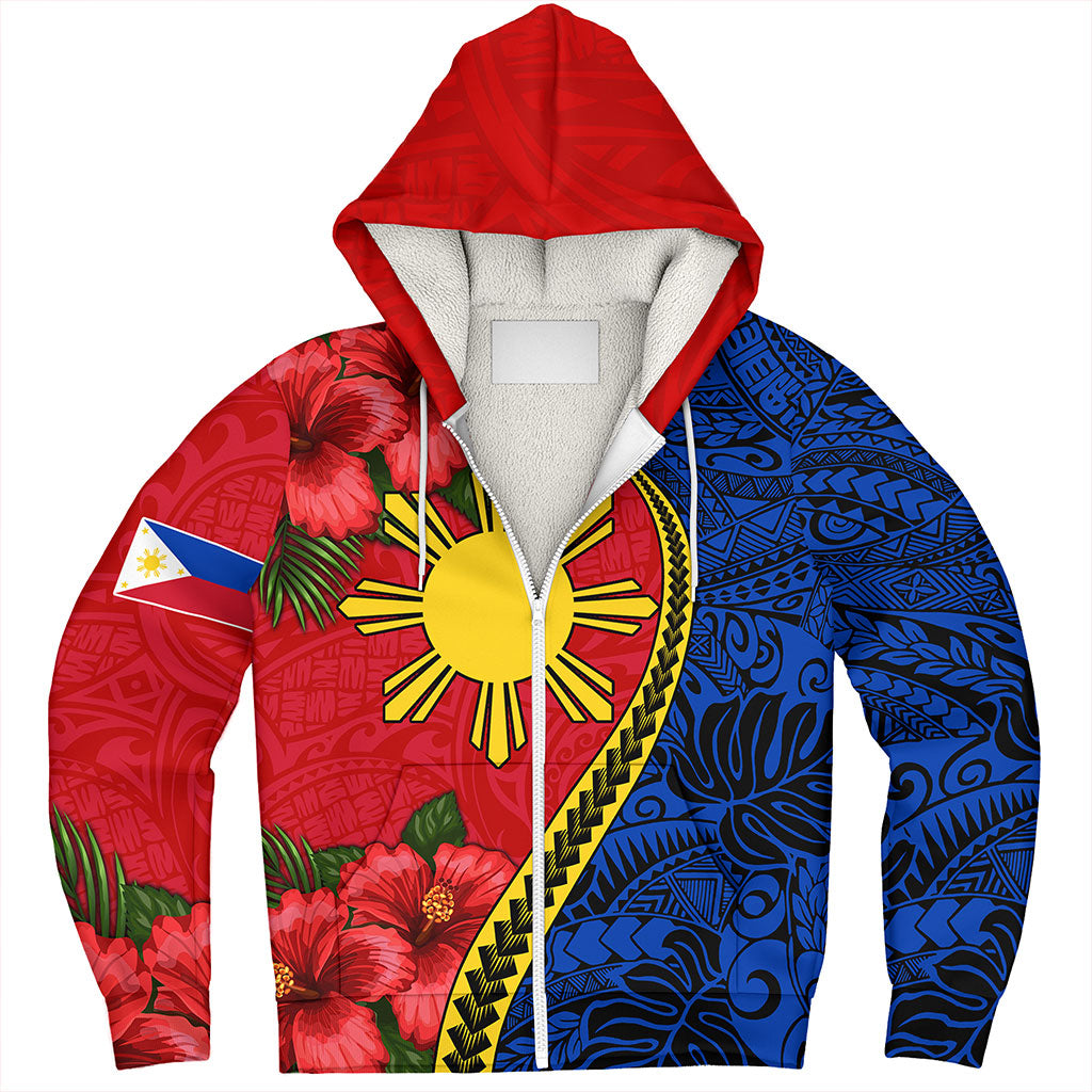 Philippines Filipinos Sherpa Hoodie Tribal Polynesian With Hibiscus Flower