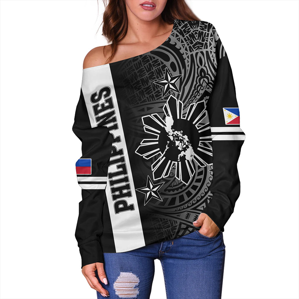 Philippines Off Shoulder Sweatshirt Lauhala Half Concept Black