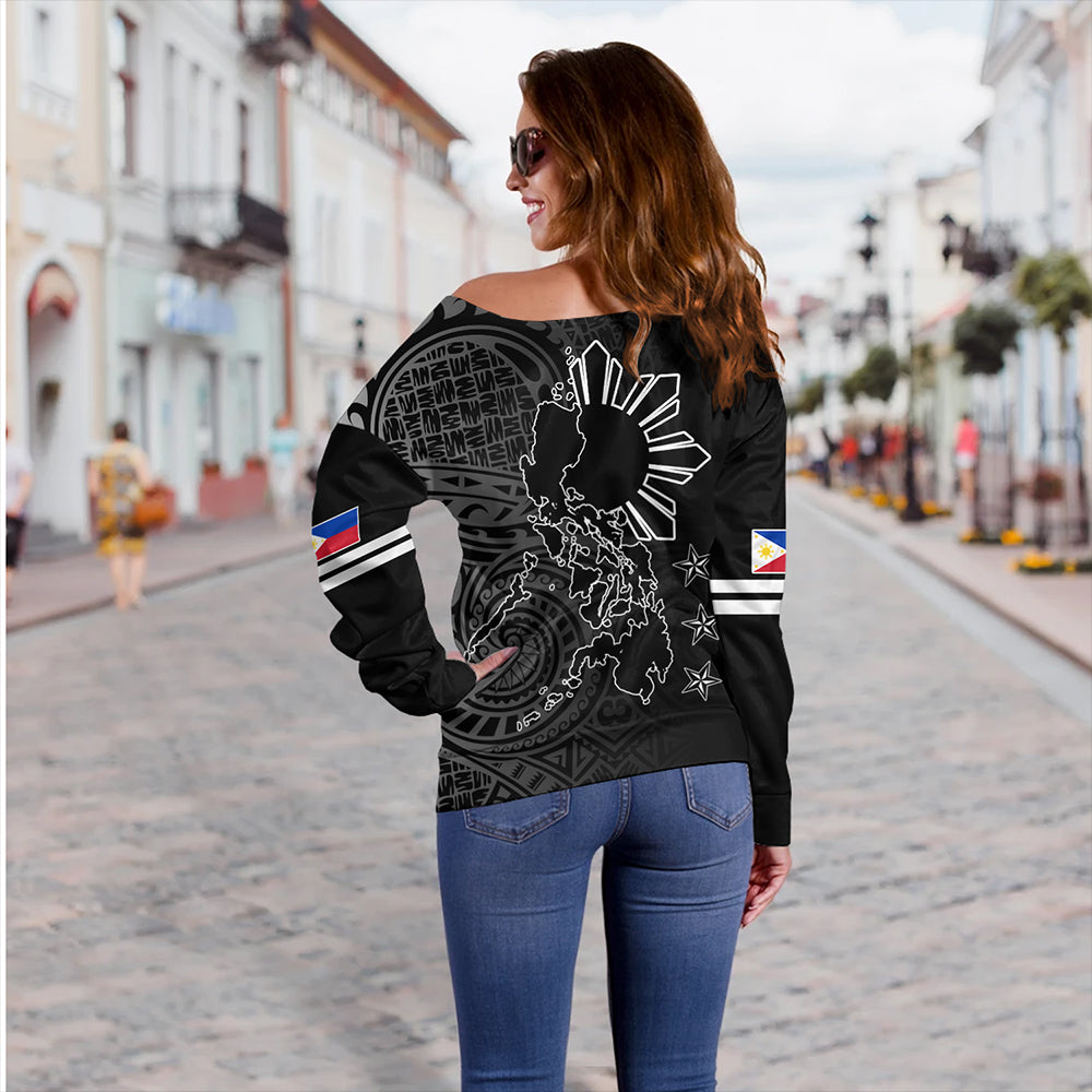 Philippines Off Shoulder Sweatshirt Lauhala Half Concept Black