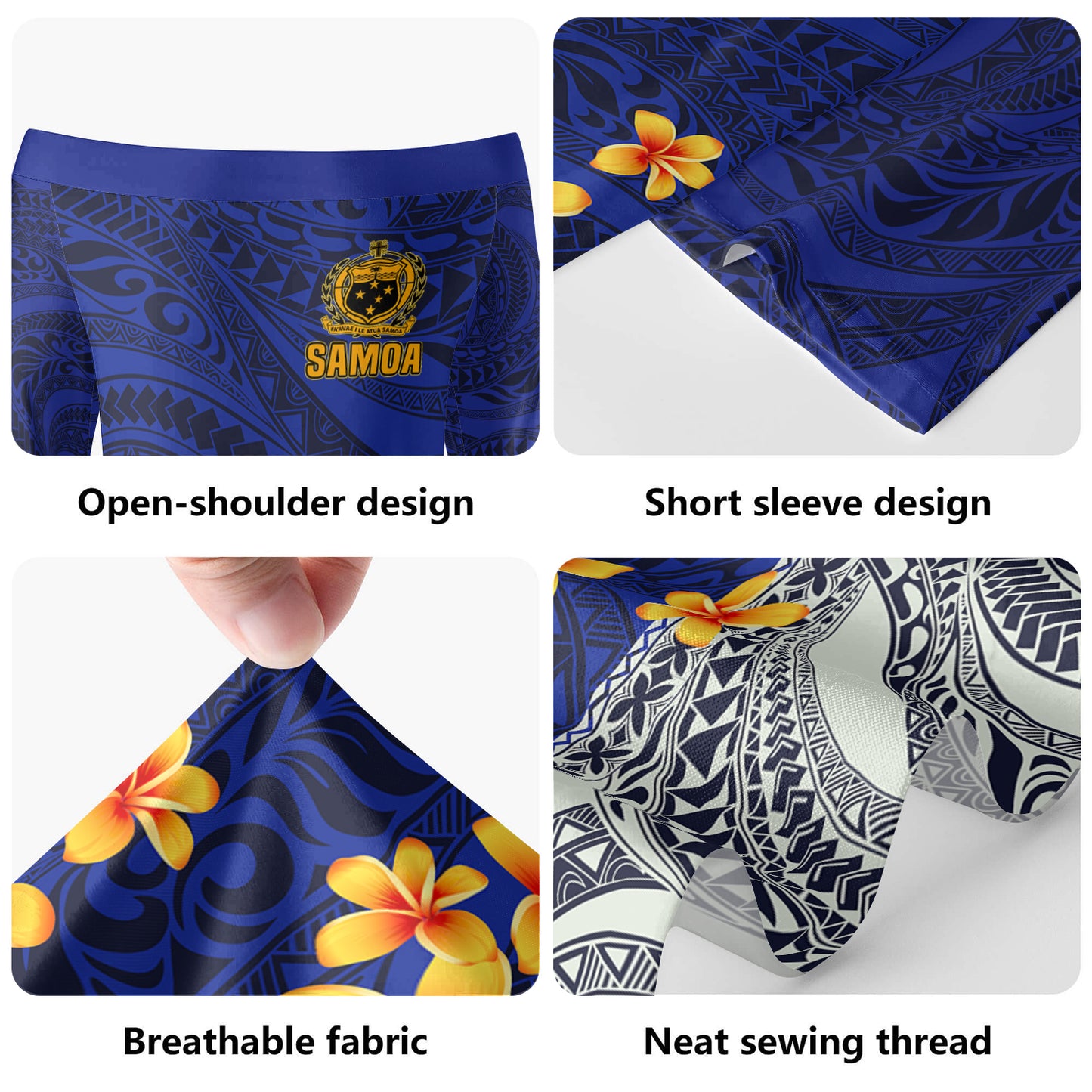 Samoa Combo Short Sleeve Dress And Shirt Plumeria Flower Fabric Design Blue