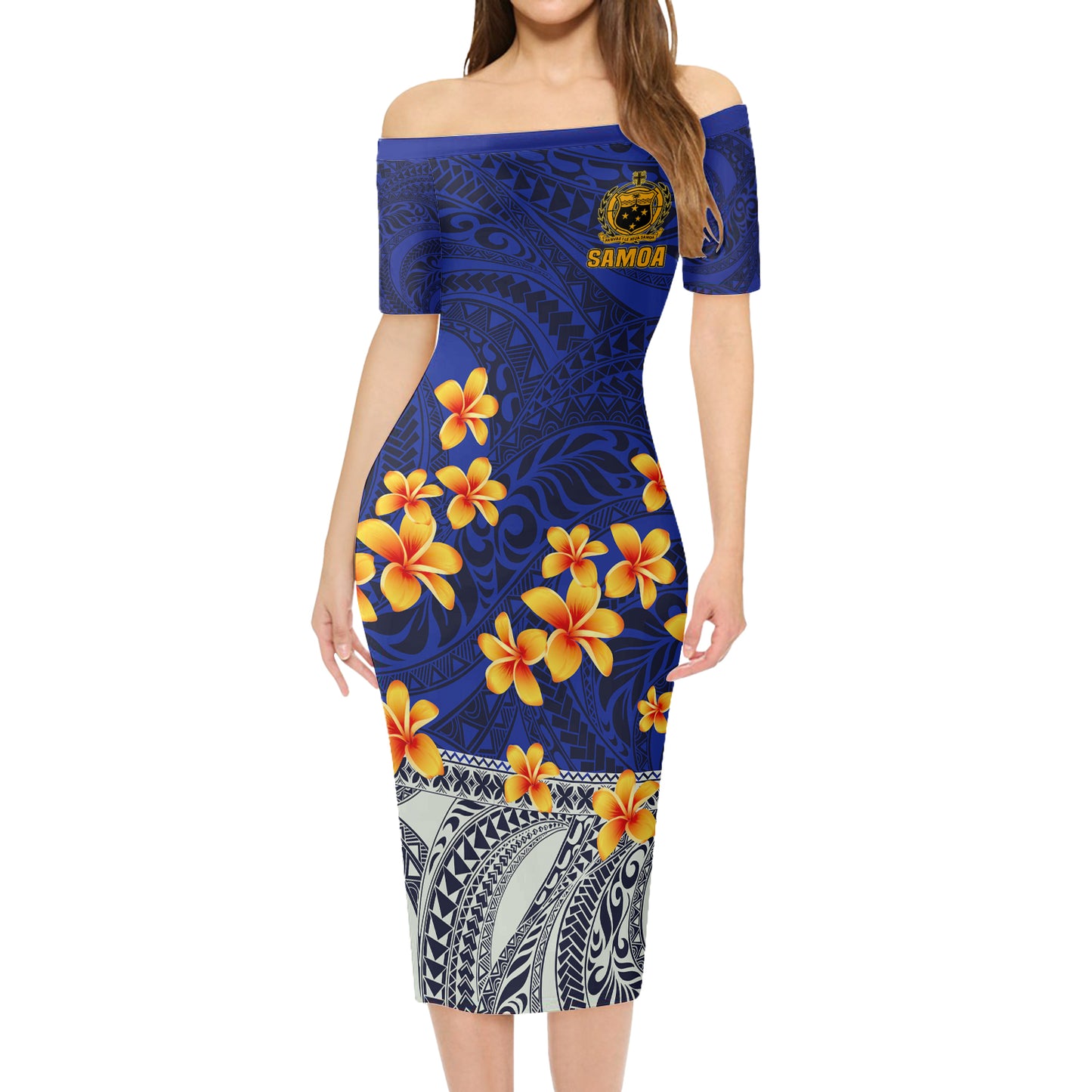 Samoa Combo Short Sleeve Dress And Shirt Plumeria Flower Fabric Design Blue