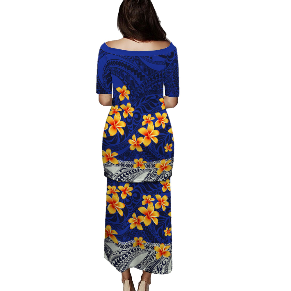 Samoa Puletasi Plumeria Flower Fabric Design Blue