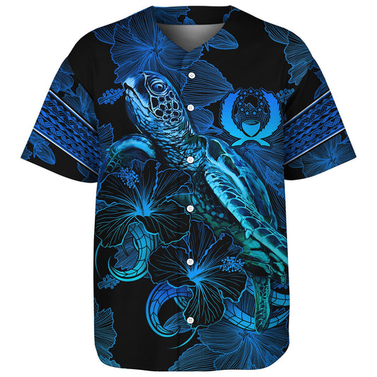 Pohnpei State Baseball Shirt Sea Turtle With Blooming Hibiscus Flowers Tribal Blue