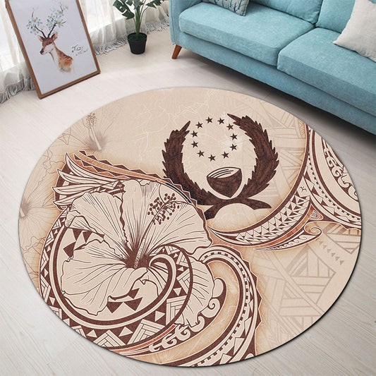 Pohnpei State Round Rug Hibiscus Flower Vintage Style