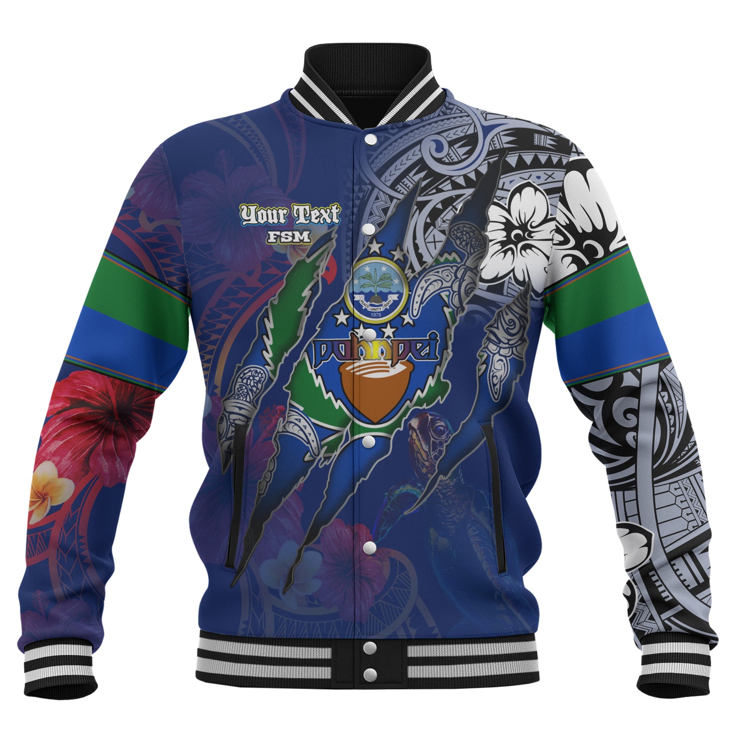 Pohnpei State Baseball Jacket Custom Pohnpeian Blood Inside Me Polynesian Sleeve Tattoo Tropical Blue