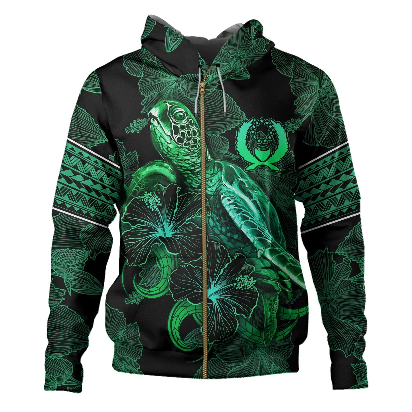 Pohnpei State Hoodie  Sea Turtle With Blooming Hibiscus Flowers Tribal Green