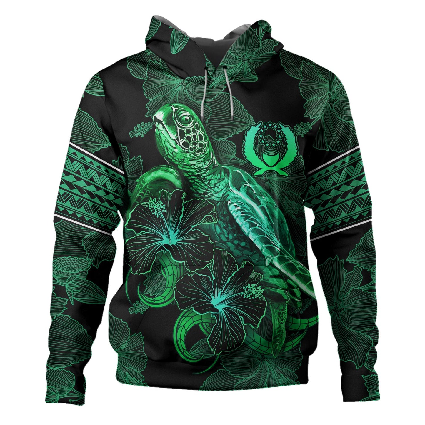 Pohnpei State Hoodie  Sea Turtle With Blooming Hibiscus Flowers Tribal Green