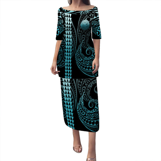 Pohnpei State Puletasi Kakau Style Turquoise